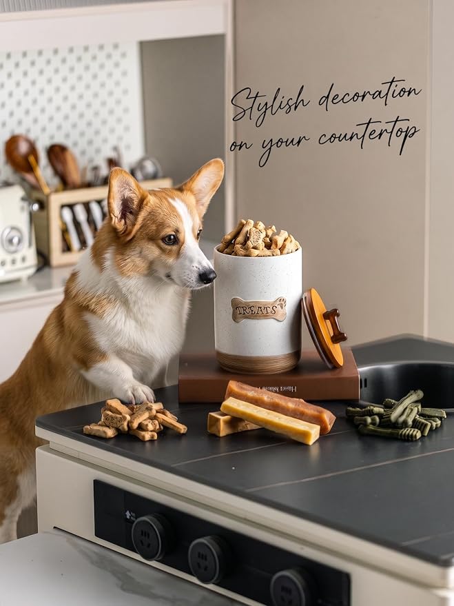Miamolo Airtight Dog Treat Jar with Lid, Dog Treat Container for Countertop | Ceramic 8 Cups, Easy to Open | Small Dog Food Storage Canister, Farmhouse Dog Biscuit Jar Dog Lovers Gift | Bone Dotted White