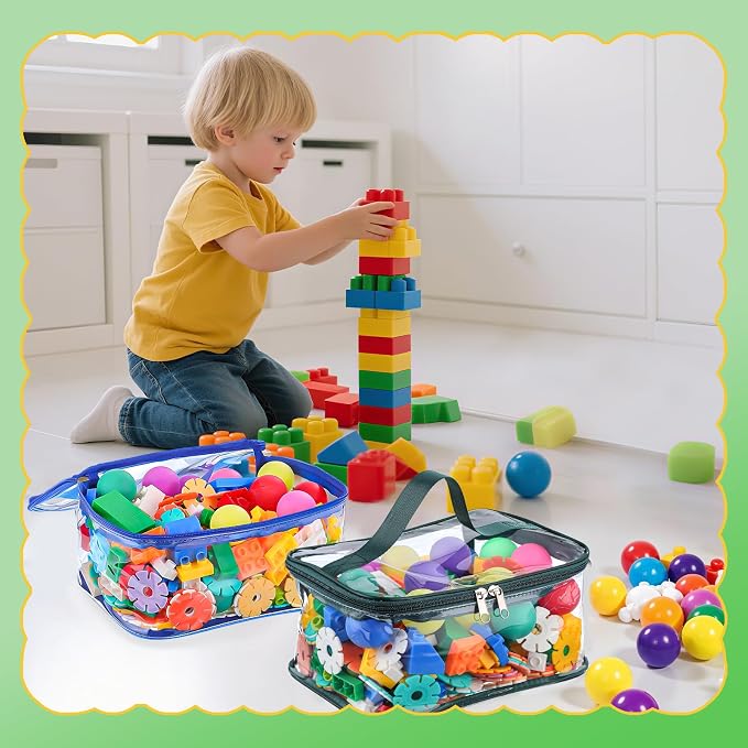 4 Pack Clear Toy Storage Bags, PVC Waterproof Toy Organizer, Colorful | Waterproof PVC, Transparent View, Reusable Zip Bags, Label Tags, for Blocks, Puzzles, Board Games, Travel and Home Storage