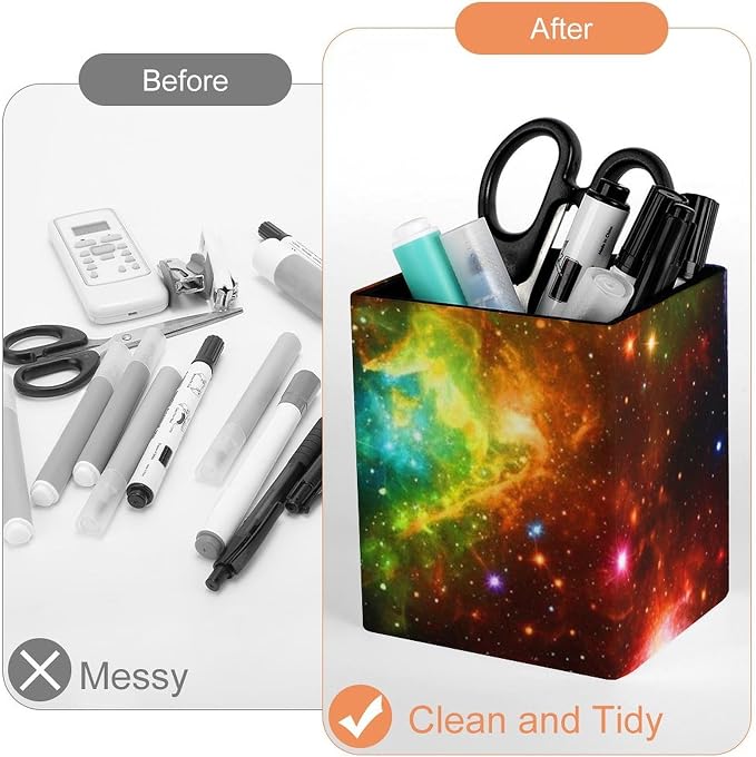 Pen Pencil Holder for Desktop, Pu Leather Stationery Organizer Colorful Rainbow Galaxy Square Pencil Cup Office Accessories Container Box