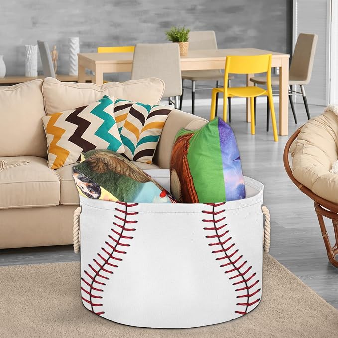 Storage Baskets - Large Nursery Organizer Bin Box with Handles Collapsible Round Baseball Sports Laundry Hamper for Kids Boy Toys Pet Blanket, Bedroom Living Room Home Decor Gift Basket (19.4"x13.3")