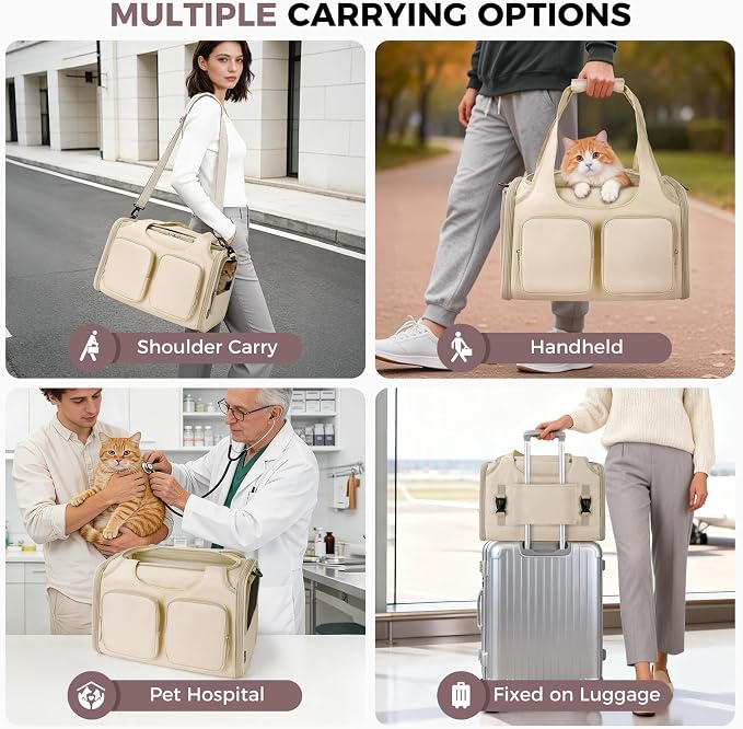 Dog Cat Carrier Airline Approved Collapsible Soft-Sided Pet Travel Bag | Pet Carrier Up to 12 lbs, Locking Zippers, Breathable Mesh, 4 Large Pockets, Removable Fleece Pad, Beige