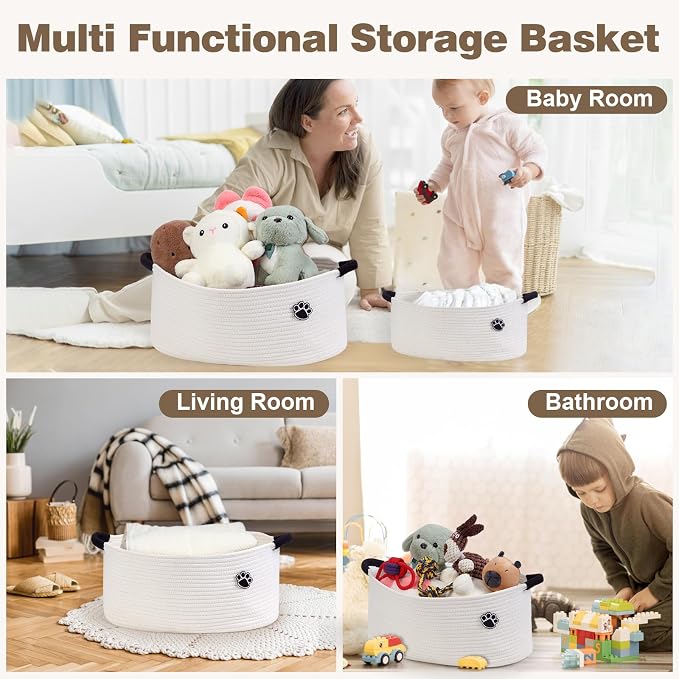 Optish 25L Dog Toy Basket,16.5" x 11" x 9" Medium Toy Storage Box and Bin with Handles, Woven Rope Foldable Basket for Blankets, Living Room, Bedroom, Home Decor, White