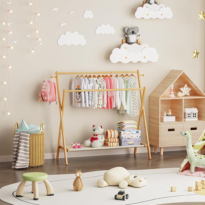 BAMBOOHOMIE Kids Clothing Rack With Storage Shelf & Double Rods, Foldable Dress Up Clothes Rack for Toddler Nursery, Child's Room, 100% Natural Bamboo (Large Size)