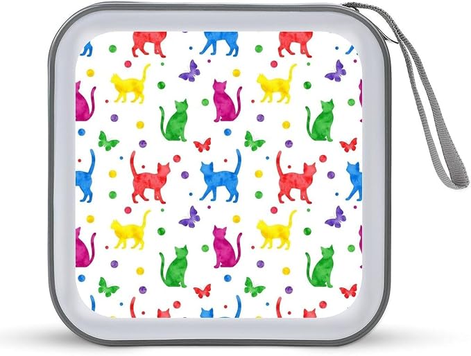 Portable 40-Capacity DVD Storage Binder Colorful Cats, Hard Case CD Holder with Zipper, Organizer for Music Movies Game Discs