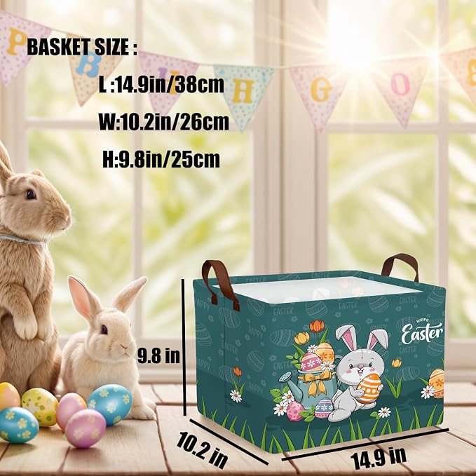 Large Cute Easter Basket for Kid Empty Gift Baby Rectangle Storage Bin Bunny Eggs Boy＆Girl Room Décor (Rabbit Blue)
