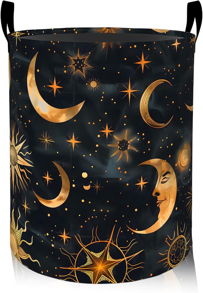 Moon and Sun Laundry Basket, Oxford Cloth Mystical Dreamy Dirty Clothes Collapsible Hamper for Room Decor, Star Celestial Print Gifts Toy Organizer 19.7 * 15.7 Inch for Bedroom Bathroom Dorm
