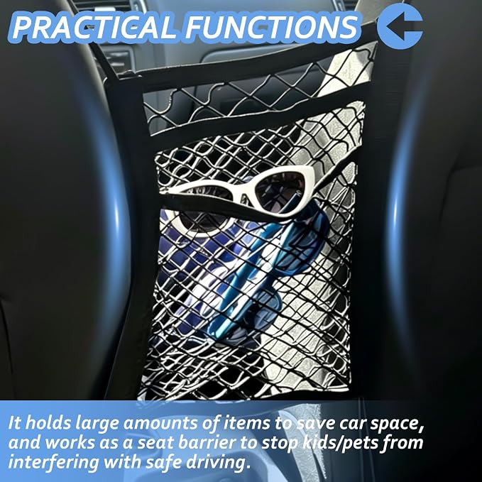 3-Layer Car Mesh Organizer, Stretchable Elastic Pet Dog Kid Car Net Barrier, Universal Seat Back Storage Net Bag Pouch, Tissue Purse Cargo Holder Between Front Seats for Cars SUVs Vans