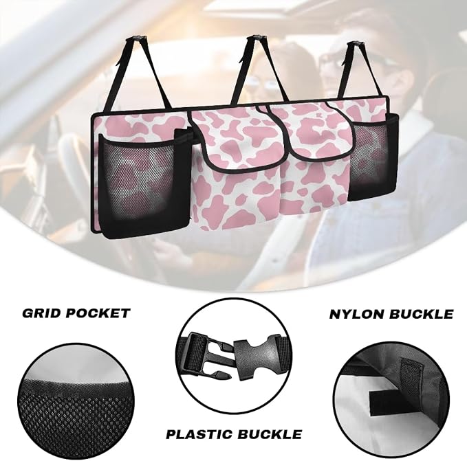Car Trunk Organizer SUV - Pink Cow Print Car Accessories for Women Quick-Clean Back Seat Car Organizer, Machine Washable