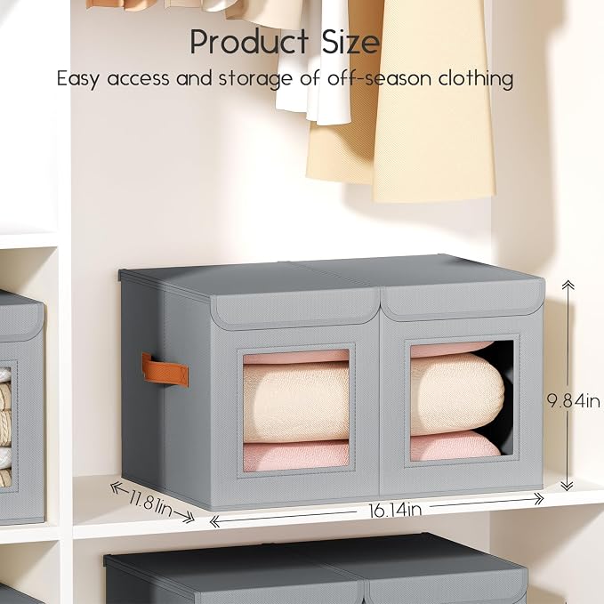 Homsorout Large Closet Storage Bins - Collapsible Divided Clothes Organizer with Lids & Dual Window, Fabric Organizing Bins for Clothes, Sweater, Bedroom, Office (Grey, 4 Pack)
