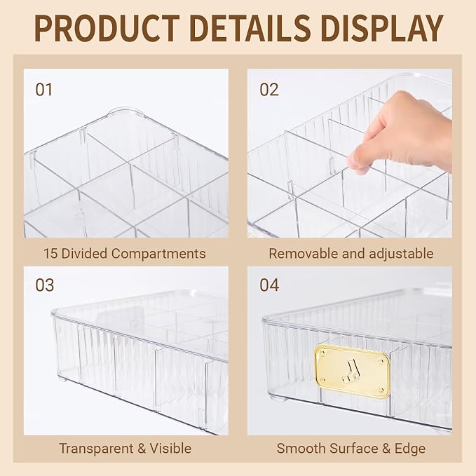 Sock Organizer for Drawer, 15 Compartments Detachable Plastic Underwear Drawer Organizer with Lid for Closet, Compartment Storage Ideal for Socks, Bras, Ties, and Scarves (Sock)