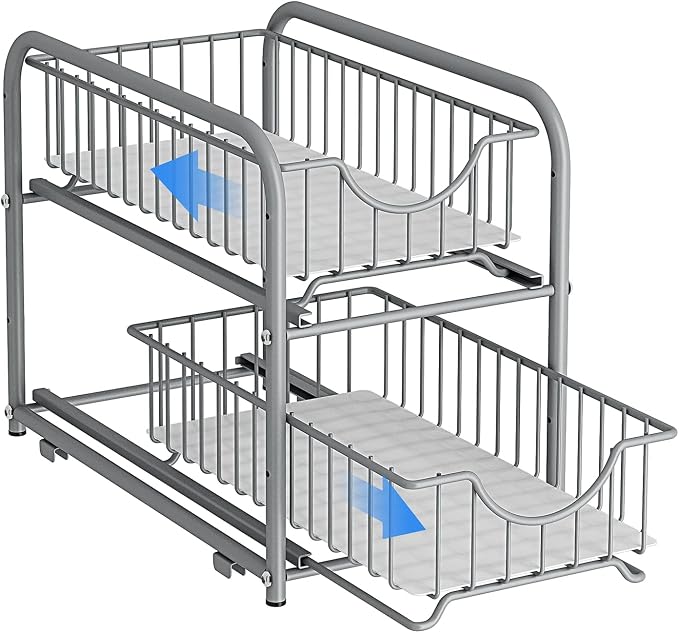 2-Tier Pull Out Organizer Under Sink Sliding Cabinet Rack,Sliver | Stackable sliding basket metal organizer with adjustable height and anti slip pad. Ideal for under sink or cabinet storage.