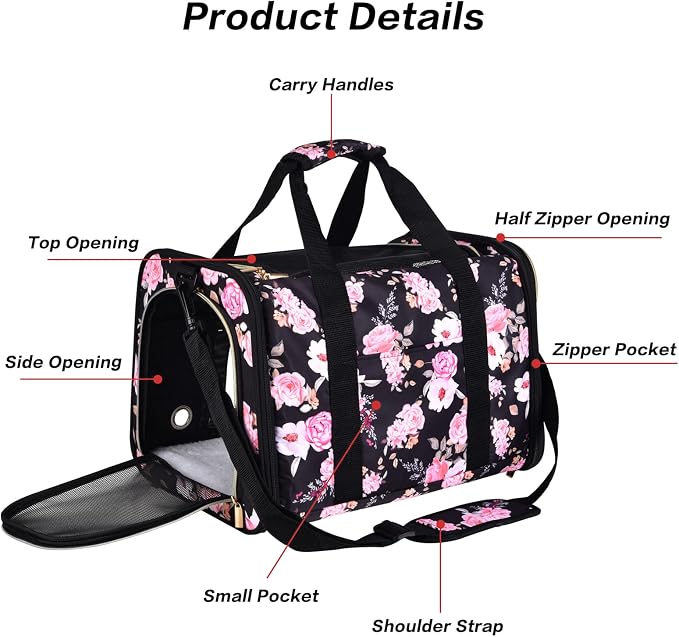 Petmolico Cat Carrier Soft-Sided Airline Approved, Large, Pink Peony | For small/medium cats & puppies up to 16 lbs, 3 open doors, travel-friendly pet bag
