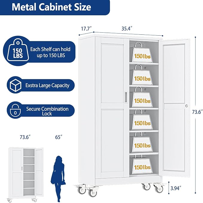 Ckzbx Metal Large Garage Storage Cabinet with Locking Doors and Adjustable Shelves,73.6" H Rolling Tool Storage with Wheels for Garage,Office (White)