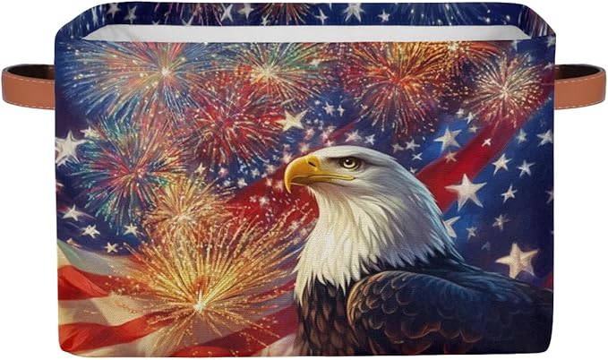 USA Flag Eagle Storage Baskets with Handles Fabric Storage Boxes Collapsible Nursery Basket for Shelves Book Cloth Closet Organizer Bins 15 X 11 X 9.5 IN