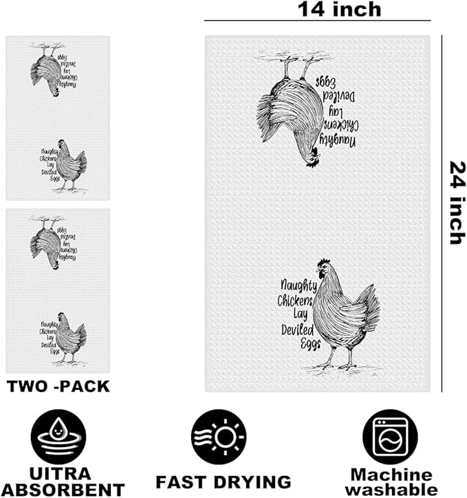 2 Pcs Funny Chicken Kitchen Towels 24x14 Inch, Chicken Lovers Gifts Reusable Dish Towels for Kitchen Home Farmhouse Decor, Waffle Weave Hand Cloth Tea Towel, Humorous Gifts for Women Men Friend