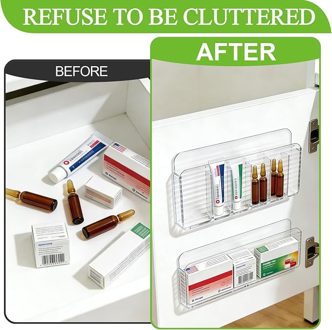 Medicine Holder for Cabinet Door, 2-Pack Reusable Medicine Organizer for Inside Cabinet Storage, Ultra-Sticky Adhesive Mount (Clear)