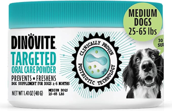 Dinovite Dog Dental Powder, Brush-Free Breath Freshener & Teeth Cleaning Dental Care Powder with Probiotics & Postbiotics, Oral Care Bad Breath Treatment, Medium Dogs, Made in USA, 30 Day Supply