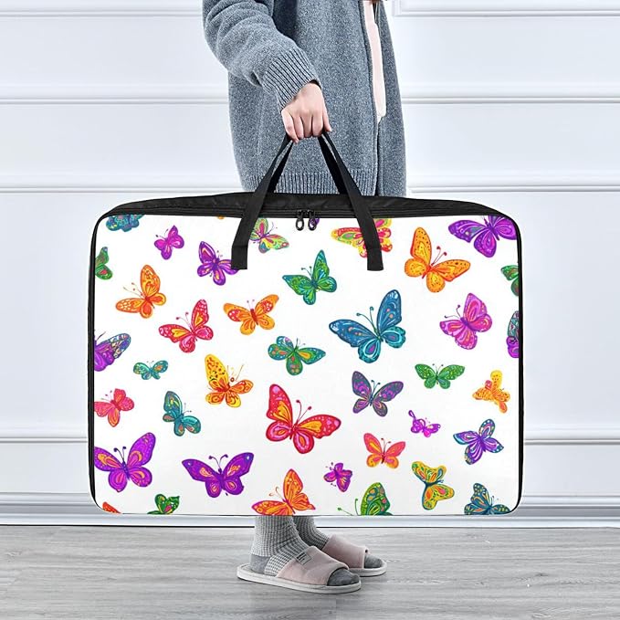 Comforter Storage Bags Large Folding Blanket Organizer Bag with Strong Handles Clear Window Closet Storage Containers for Clothes King Queen Pillows Bedding Quilt Duvet Bright Color Butterfly