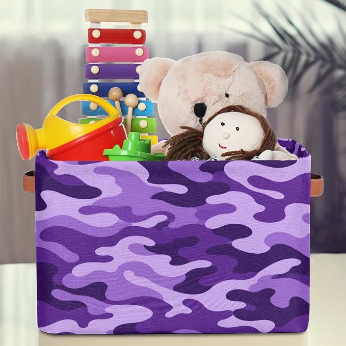 Pardick Camo Basket Storage Bins Rectangle Canvas Basket Cube Storage Box | Nursery Foldable Basket with Handle for Kids Girls Boys Toys Living Room Closet Organizer Shelf Gifts Camouflage Purple
