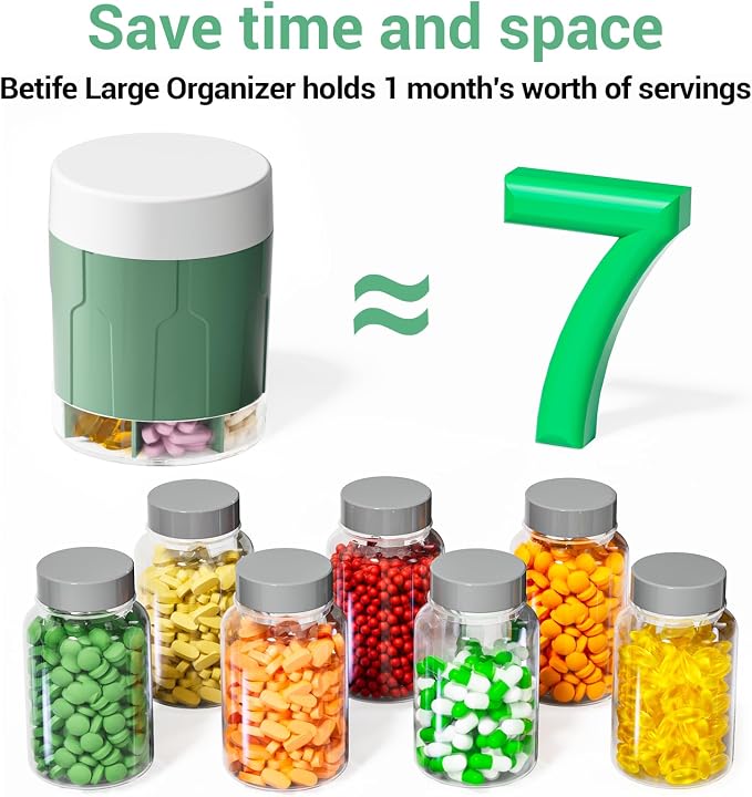 Weekly XXL Pill Organizer Bottle, Daily Pill Dispenser, Anti-Mix Design | 7 Day Portable Travel Pill Box, 21 Labels & Cleaning Brush, XXL Wide Mouth for Easy Access, Vitamin, Fish Oils, Supplement