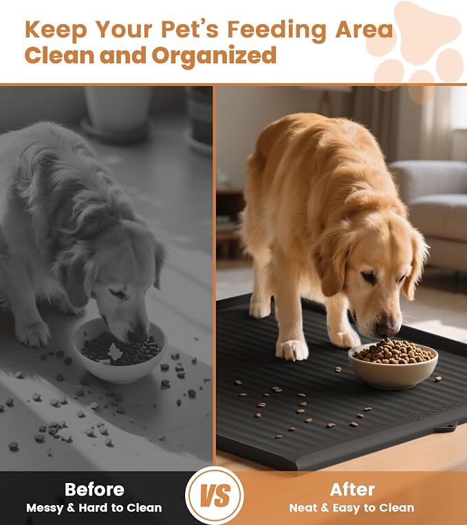 Dog Food Mat 36"x24", Waterproof Dog Bowl Mat, Black | Raised Edges Prevent Spills, Diversion Grooves, Waterproof Surface, Non-slip Backing, Easy to Clean