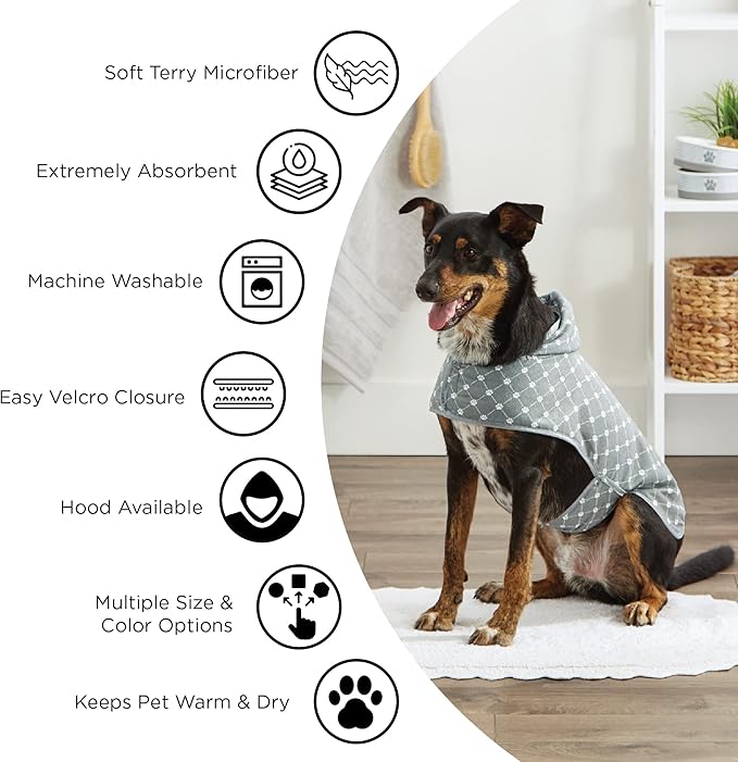 Bone Dry Pet Robe Collection Embroidered Absorbent Microfiber Bath Robe with Adjustable Closure, for Dogs & Cats, Large, Aqua