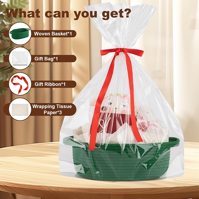 OIAHOMY Gift Basket with Handle, Small Woven Basket with Gift Bag, Ribbon and Wrap Tissue Paper, Nursery Bins Empty to Fill with Small Items, Baby, Pet Toy Organizer - Deep Green