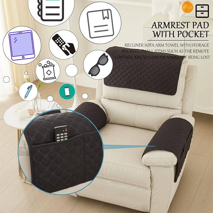 Water-Resistant Sofa Armrest and Headrest Covers, 2 Pockets | Quilted polyester helps shield recliners, loveseats and sofas from daily wear; silicone backing and fasteners improve grip