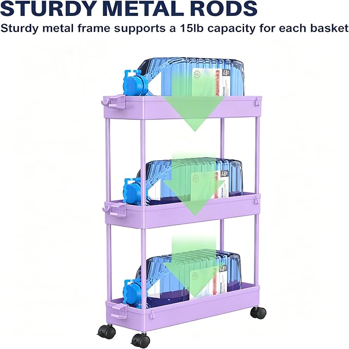 Slim Storage Cart 3 Tier,Bathroom Organizer Rolling Utility,Mobile Shelving Unit Slide Out for Office, Kitchen, Laundry Room & Narrow Places,Purple