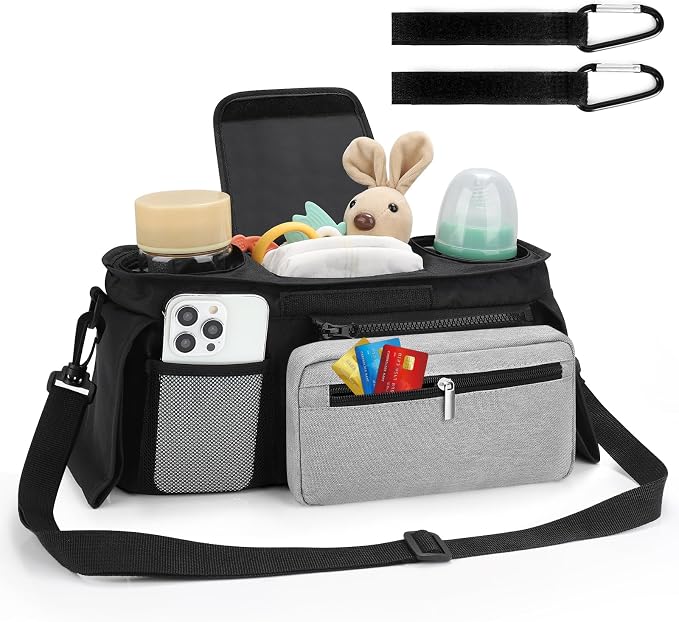 Accmor Universal Stroller Organizer with Insulated Cup Holder Detachable Phone Bag and Shoulder Strap,Stroller Bag Caddy Organizer for Uppababy, Baby Jogger, Britax Strollers