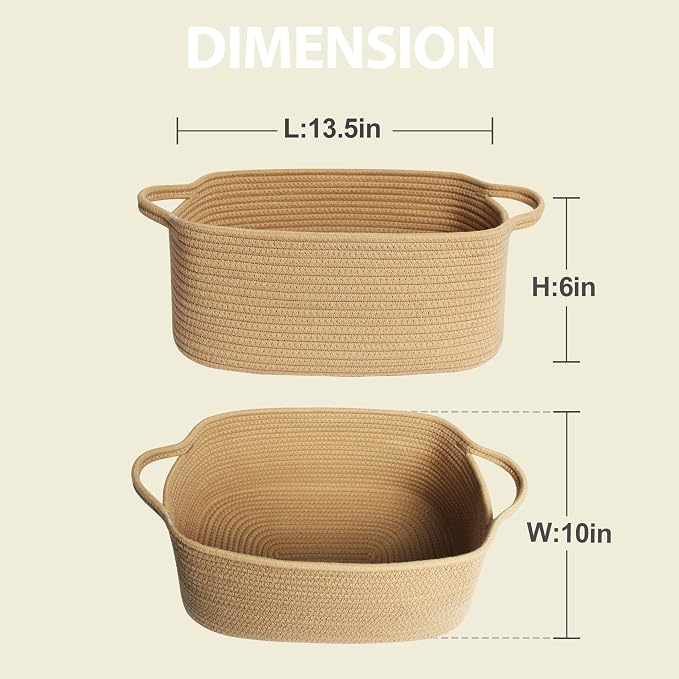 MEGASKET Brown Woven Basket, 13.5” x 10” x 6” Brown Empty Gift Basket to Fill, Decorative Cotton Rope Storage Bin for Organizing, Cute Baby Nursery Organizer, Rectangle Dog Toy Bin, Room Decor