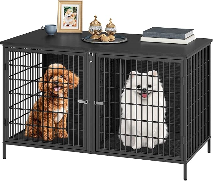 MAHANCRIS Dog Crate Furniture for 2 Dogs, 43.3" Dog Kennel with Removable Divider, Heavy Sturdy Dog Furniture Style Double Cage for Small Medium Dog, Indoor Pet House End Table, Black DCBK1201