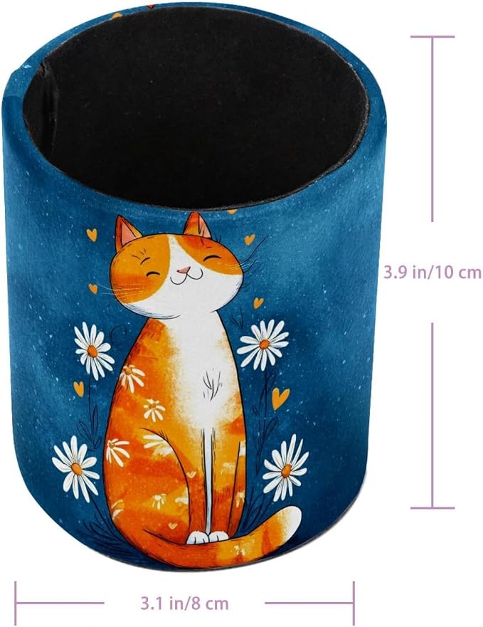 Faux Leather Pen Holder for Desk, Pencil Organizer Cute Cat Pen Cup Desk Decor Makeup Brush Holder Storage for Office Home