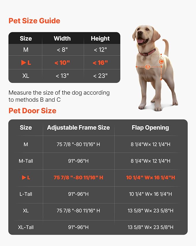 VEVOR Dog Door for Sliding Glass Door, 91 to 96 in Adjustable Height, Aluminum Alloy Frame with Metal Rotating Hinges, Lock Design, 10 1/4 x 16 1/4 in Flap, Sliding Glass Pet Door for Renters | For Medium-Sized Dogs and Pets, 91 to 96 in Adjustable Hei...
