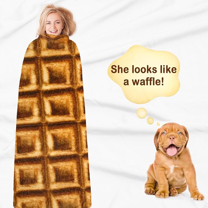 Bnuitland Waffle Funny Blanket, 300 GSM Double Sided Giant Funny Novelty Realistic Food Blanket with Pouch for Adults and Kids, Super Soft Flannel Throw