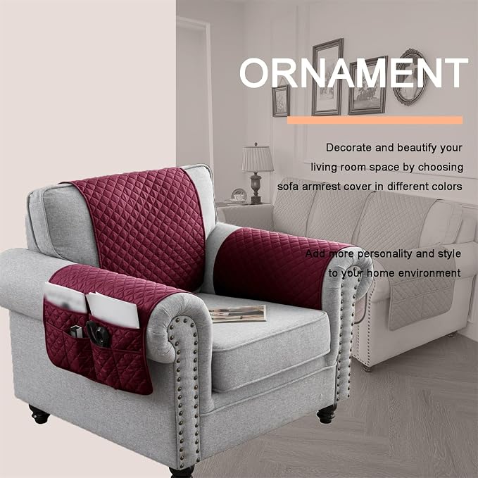 Water-Resistant Sofa Armrest and Headrest Covers with Side Pocket | Keep remotes close quilted polyester helps guard against wear, pet scratches, and kids' messes silicone backing adds grip