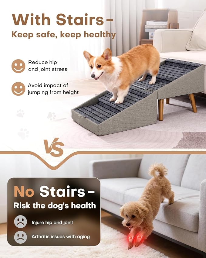 Dog Ramp for Bed & Couch, Dog Stairs 21.06 inches High for Large/Medium/Small Doggie,Split Ottoman Foldable 2 in 1 Wooden Pet Steps for Older and Injured Dogs, No-Slip Surface (17.13" H-Hemp Green)