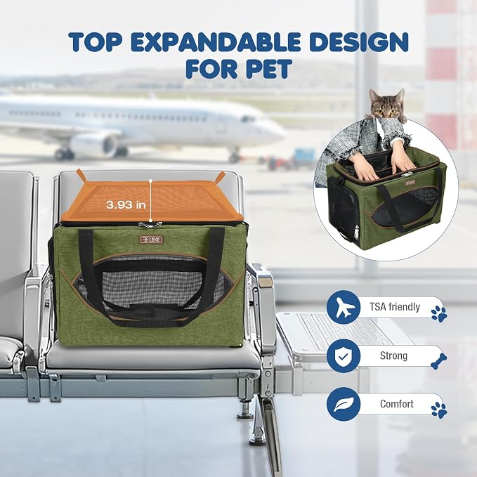 Lekereise Top-Expandable Pet Carrier 18x11x11Inch Delta American United Airline Approved Underseat to 15lbs Stable Car Travel Carriers for Small Dogs Cats with Locking Safety Zippers Anti-Scratch Mesh