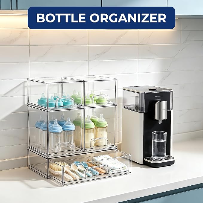 Baby Bottle Organizer Stackable, Acrylic Storage Drawers 5 pack with Non-Slip Pads, Pull-Out Drawers for Baby Bottle, Pump Parts, Pantry, Vanity Countertop (4.4" and 7.6" Tall and 12.1" Wide)