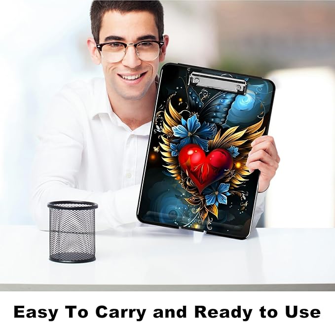 Winged Heart A4 Clipboard with Storage Pen Holder, Clipboards Organizer Nursing Clipboard Foldable File Folder Plastic Clipboard Folio Clip Board for Office Students Classroom Doctor