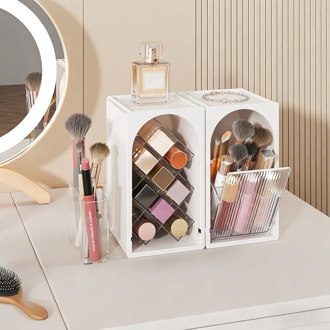 FOLLOWIN Compact Makeup Organizer Set, Bathroom Counter Organizer | Makeup Brush Organizer, Lipstick Holder with Grid, Flip Drawer, Store Lipsticks, Brushes, Milk White