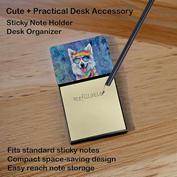 Caroline's Treasures American Eskimo Hippie Dawg Sticky Note Holder Refillable Dispenser Self-Sticky Note Pads, Memo Pads Blank Desk Accessories