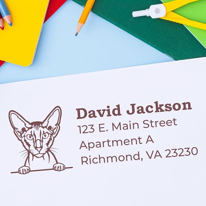 Peeking Peterbald Cat Address Stamp Self-Inking - Clear Impressions | Custom Address Stamp for Veterinary Clinics. Cat Address Stamp for Peterbald Cat Owners. 4 lines. Engraved after you order.