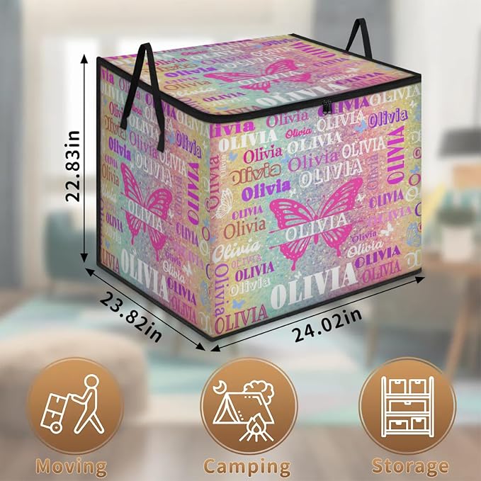 Personalized Extra Storage Bins with Lid, Customized Name Butterfly Storage Basket Rectangle Clothes Organizer for Organizing Kids Toys Shelf Closet, Yellow Pale Turquoise Pink Glittering