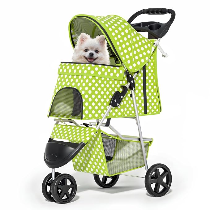MoNiBloom Pet Stroller for Small/Medium Dogs and Cats, Lawn Green | Foldable Dog Stroller 3 Wheels Pet Strolling Cart w/ Storage Basket Cup Holder, Breathable and Visible Mesh for All-Season