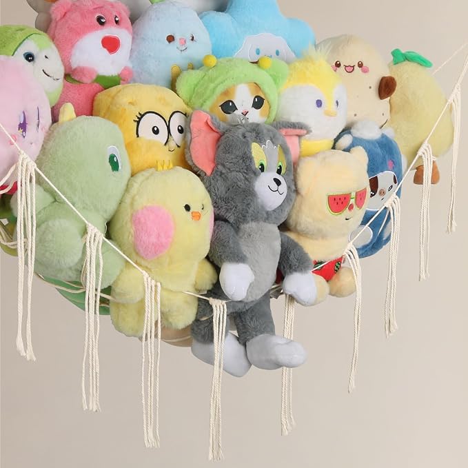 Stuffed Animal Storage Hammock Corner,55 Inch Large No Drill Toy Net,Cream | Handcrafted Natural Cotton Plushie Net,Boho Macrame Toy Hammock,Stuffed Animals Storage Display Organizer,Nursery Room Decor