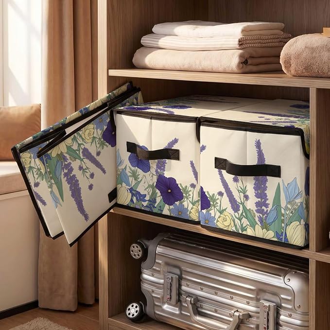 Stackable Storage Bins with Lids,Closet Organizers Fabric Box for Home and Office,Blanket Clothes Organizers,Under Bed Storage Containers 3 Pack