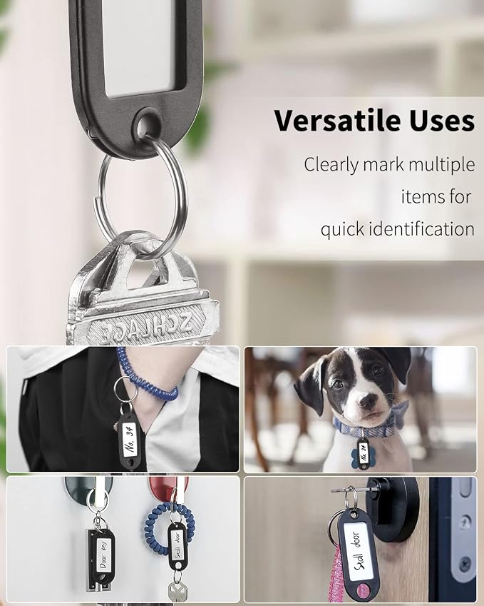 Uniclife 40 Pack Key Tags 2 Inch Plastic Key Chain Tags with Label, Black | Writable key tags with clear windows, blank paper labels, protective films and split rings for easy item identification