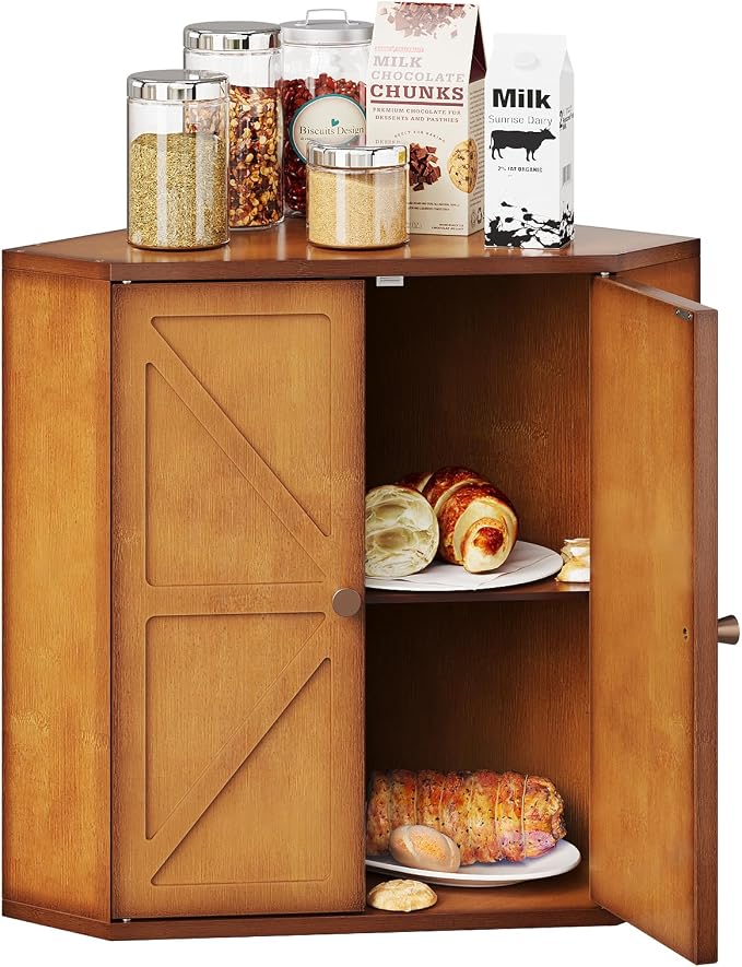 Trironsun Corner Bread Box for Kitchen Counter Double Layer Bamboo Bread Storage Container Large Capacity Bread Storage Bin Farmhouse Breadbox Organizer (Antique Brown)