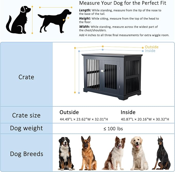 44" Wooden Dog Crate Furniture,Large Kennel Pet Cage End Table for Indoor | for XXL XL Medium Dogs, Grey, Fits Living Room Bedroom, Heavy Duty Steel Frame with Lock 100 lbs Cap, 100 lbs Top.